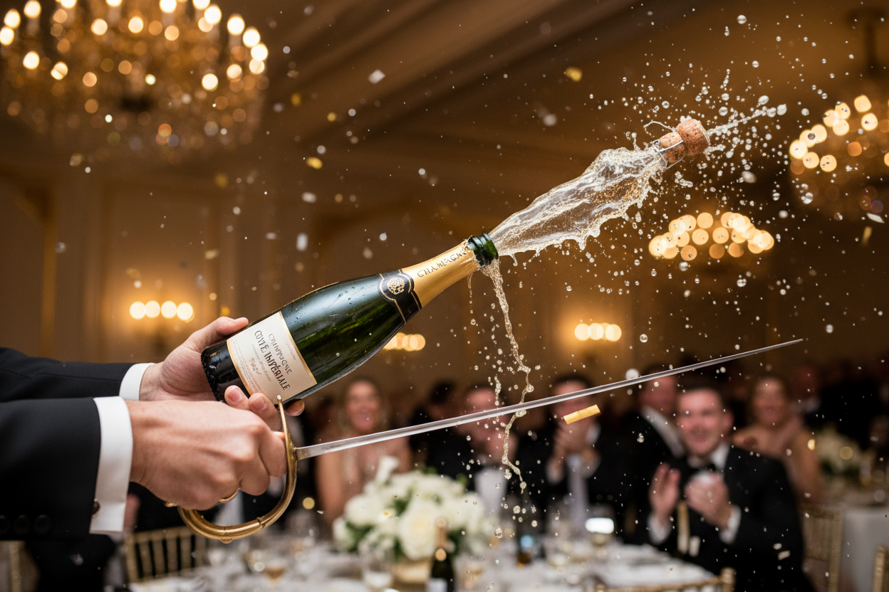 make an image of someone opening a champagne bottle with a saber in celebration make sure the saber has a wood handle and dont make it the main part of the image\